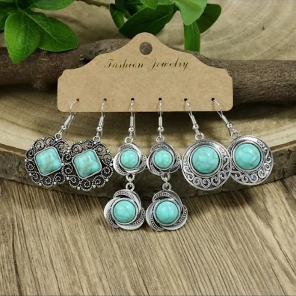 Set of 3 Geometric Silver Pendant Earrings with 925 Silver Hooks - Picture 1 of 4
